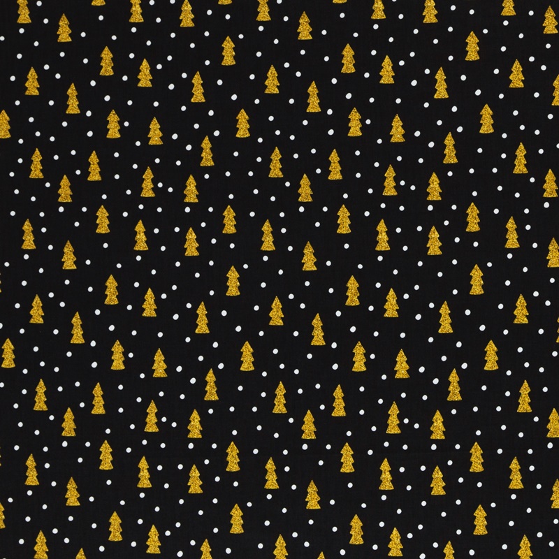 Webware - Baumwoll Stoff - Swafing - Joel - Tannenbäume in Gold und weiße Punkte auf Schwarz