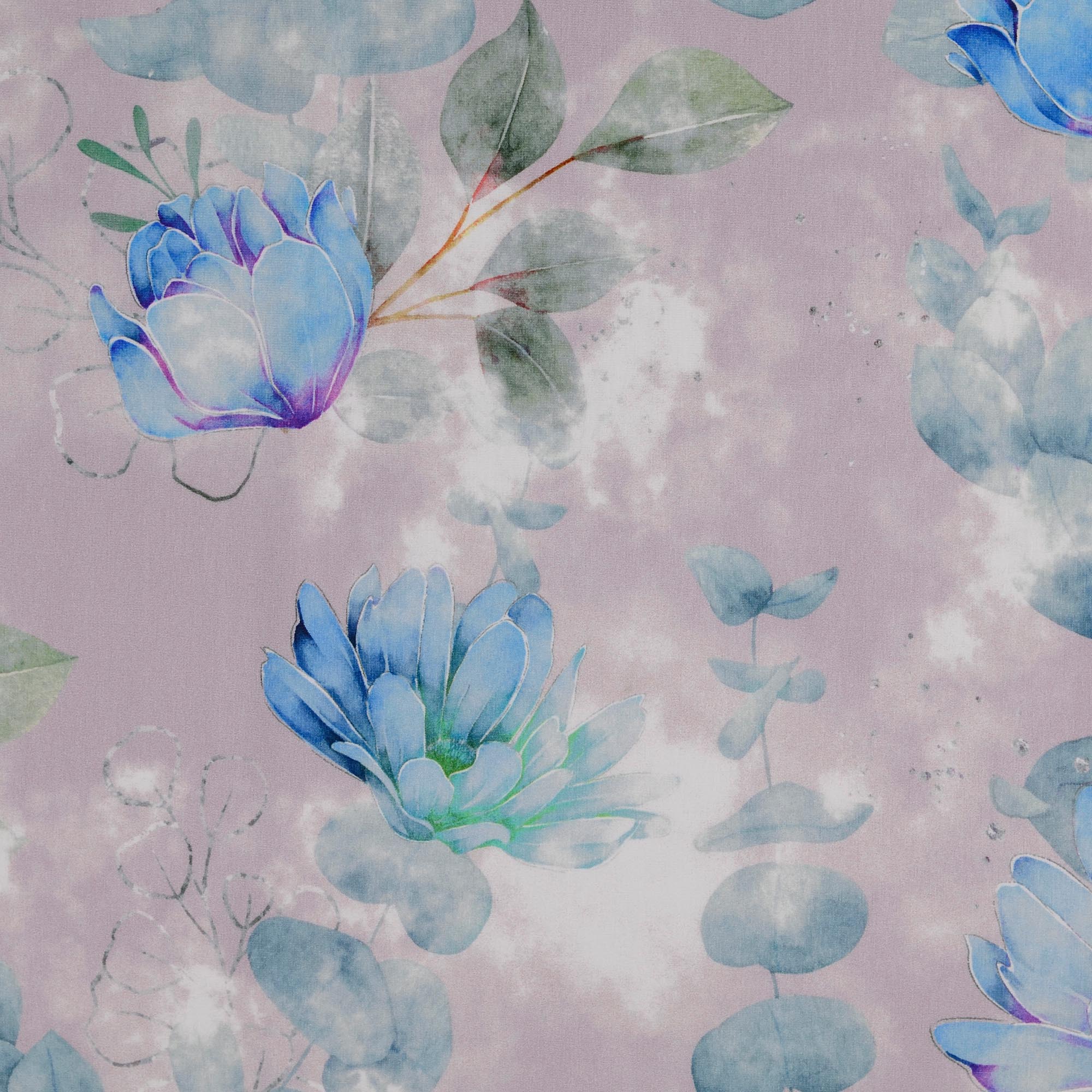 Baumwolljersey - Jersey Stoff - Motivjersey - Blumen in Blau auf Grau