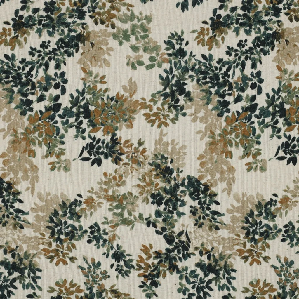 Hochwertiger Leinenjersey mit zartem Blumenmuster auf naturfarbenem Grund, Mix aus Leinen, Baumwolle und Elasthan, 195g/m², elastischer Stoff mit Leinenstruktur