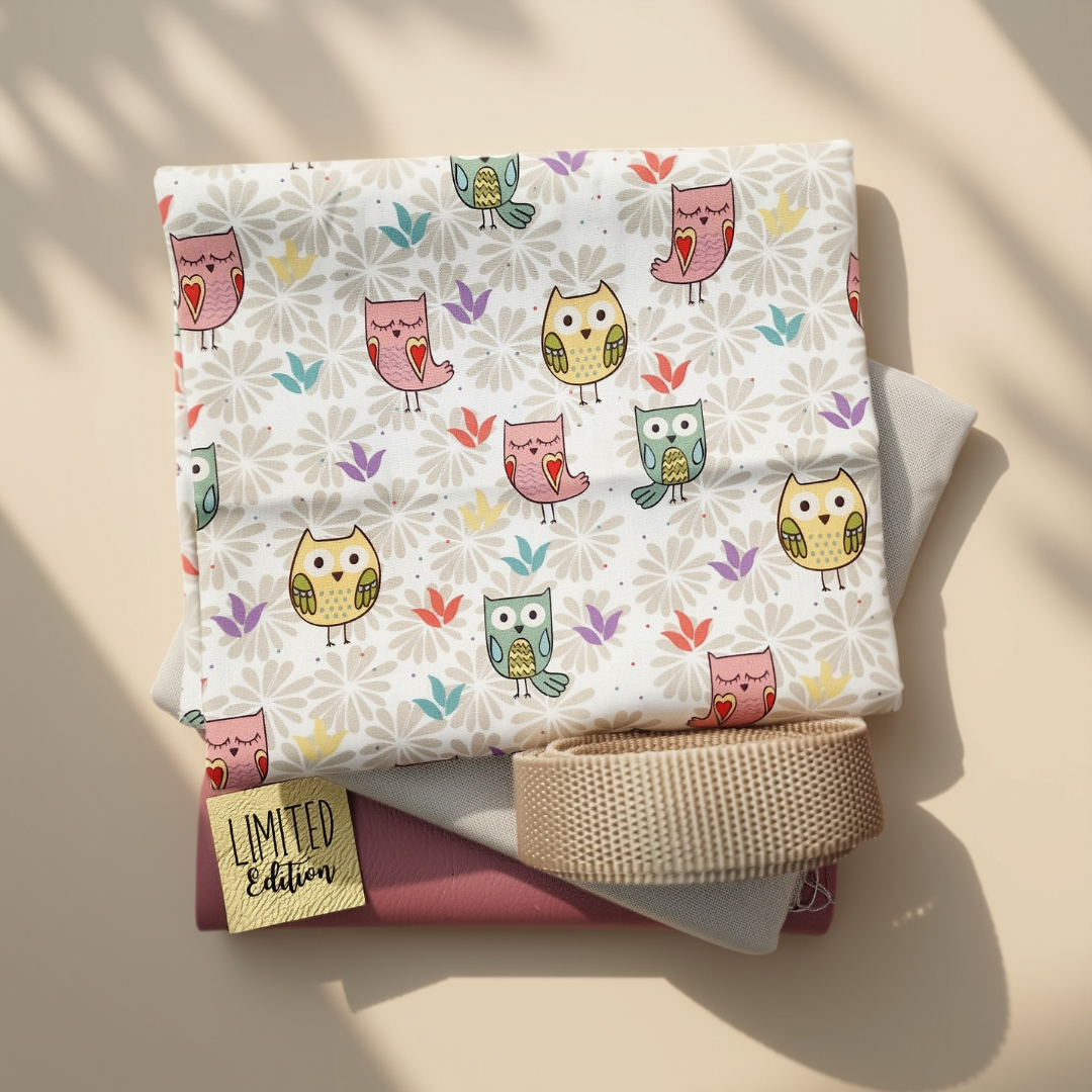 Stoffpaket Taschenpaket Eulen mit gemusterter Webware, unifarbenem Canvas, Kunstleder, Gurtband und einem Label für kreative Taschenprojekte.