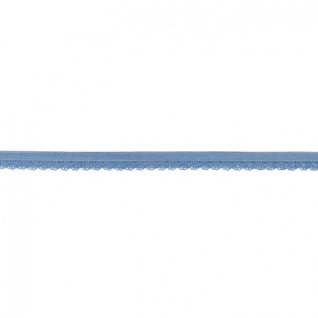 Elastische Spitze mit Bogenkante in Mittelblau, 11 mm Breite, hochwertige Meterware aus Polyester-Lycra-Mix für Lingerie, Unterwäsche und frische Akzente.