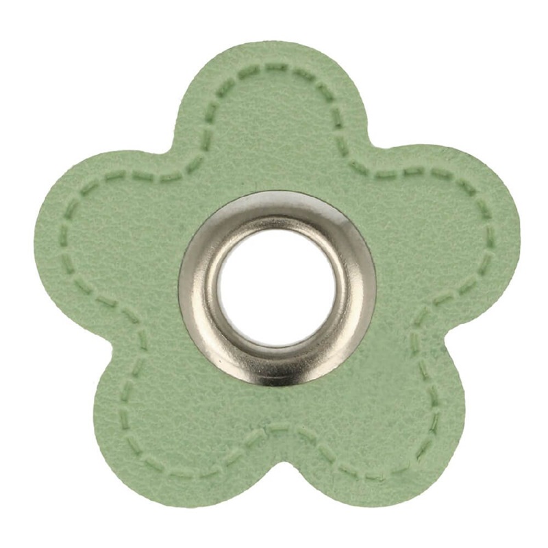 Kunstleder Ösen - Ösen Patches - Hellgrün - Blume - 8mm - Silber 