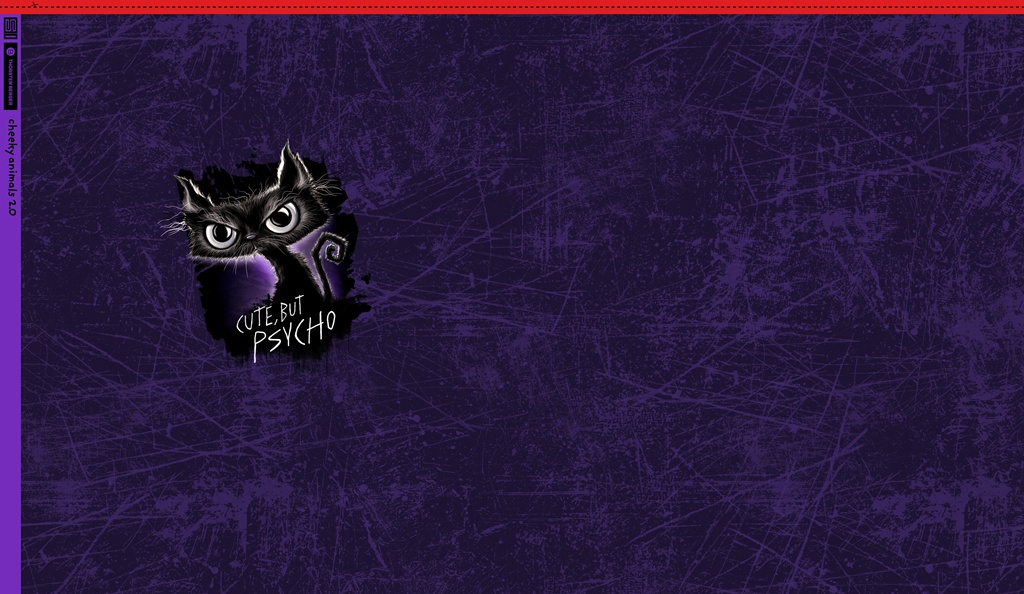 French Terry Panel Cheeky Animals 2.0 Psycho Cat von Swafing & Thorsten Berger – Schwarze Katze mit Spruch Cute but Psycho auf lila Grunge-Hintergrund.