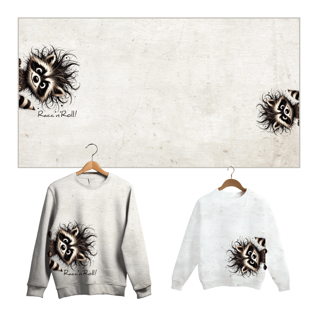 Stoffpaneele mit Waschbär-Motiv auf French Terry Sommersweat für kreative Nähprojekte.