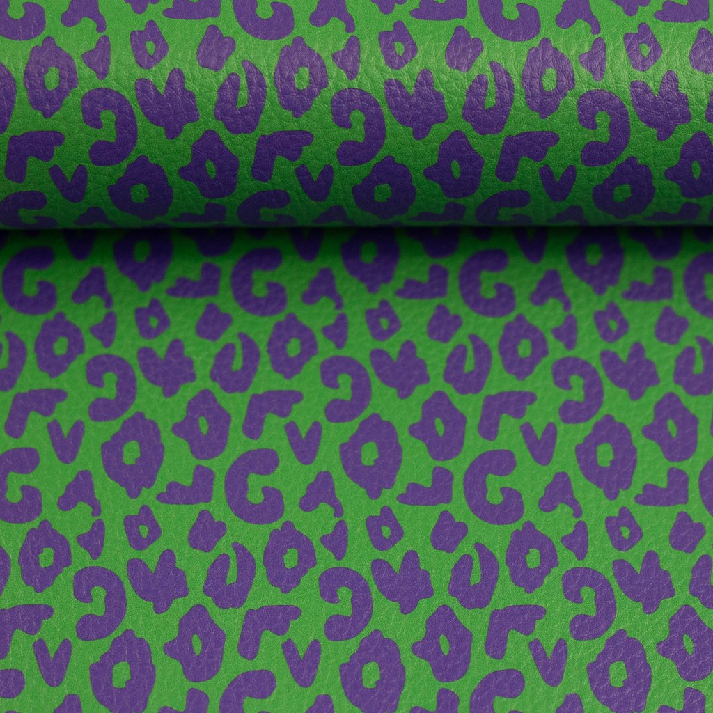 Swafing Kunstleder Brush & Wild by Cherry Picking, Design LEO Grün mit violetten Leopardenflecken, hochwertiges Lederimitat, 91% PVC 9% PL, Taschenzubehör, Vorbestellung
