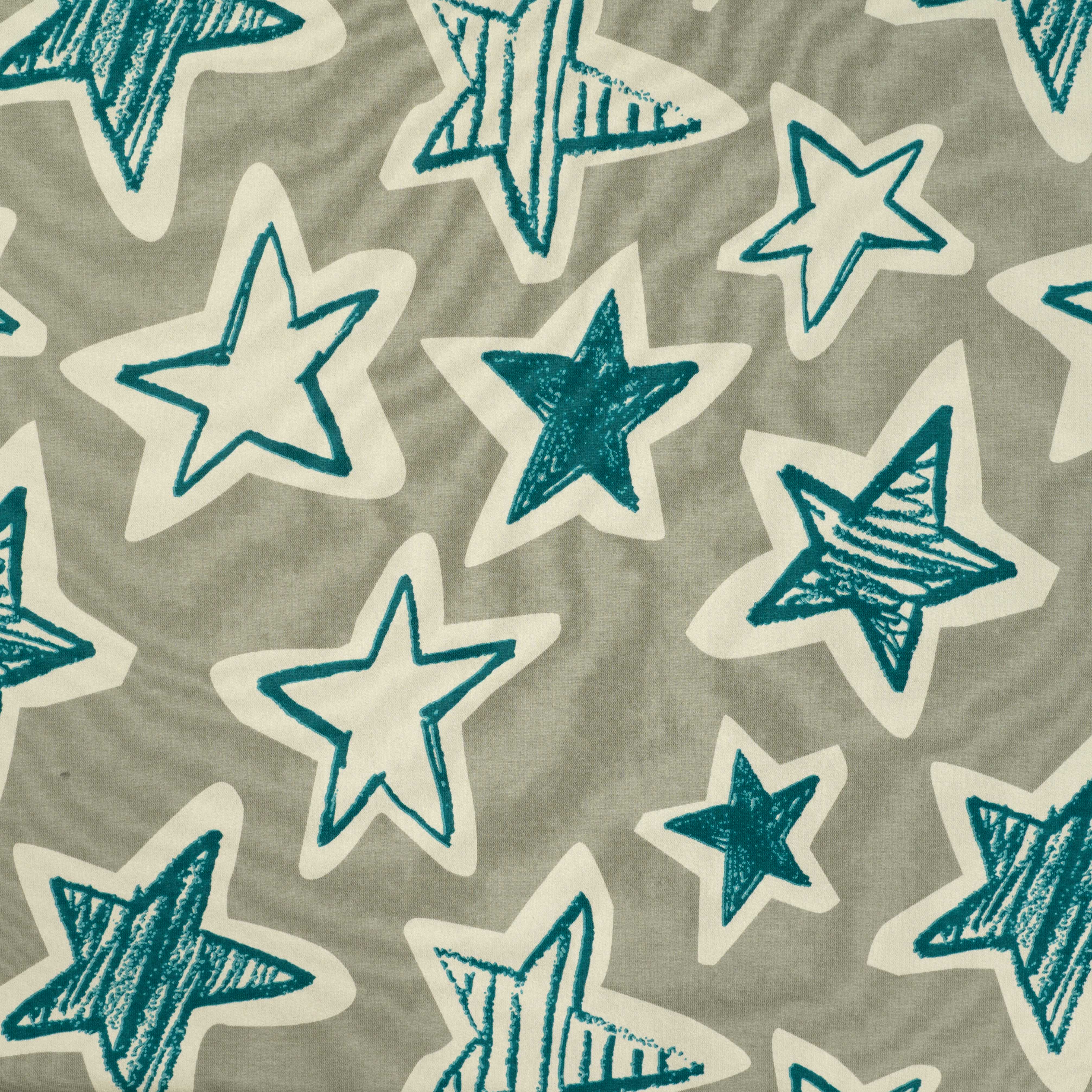 French Terry Sommersweat mit Sternen-Digitaldruck in Petrol – 95% Baumwolle, 5% Elasthan, Öko-Tex Standard 100, elastischer Sweatstoff für Kinder- und Freizeitbekleidung