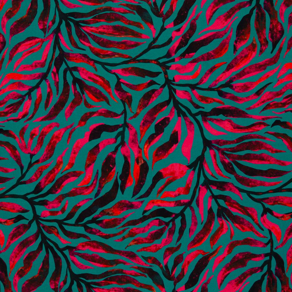 Swafing Baumwolljersey Luminoso by Bienvenido Colorido, abstraktes Blattmuster in Petrol, Pink und Dunkelblau, 95% Baumwolle 5% Elasthan, Vorbestellung 2026