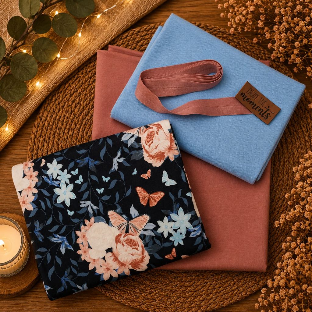 Limitierte Näh-Box mit dem Eigendesign Bella Bleu auf Motivjersey, passendem Uni-Jersey, Bündchen, mattem Einfassband und Kunstlederlabel.