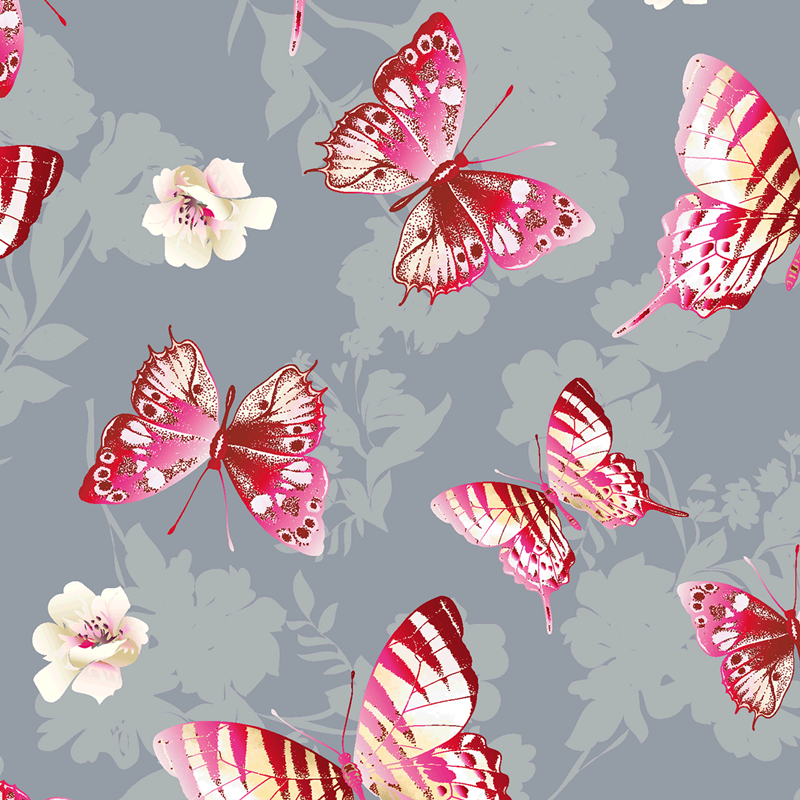 French Terry - Sommersweat - Digitaldruck - Schmetterlinge in Pink auf Grau Stoffrest 230cm