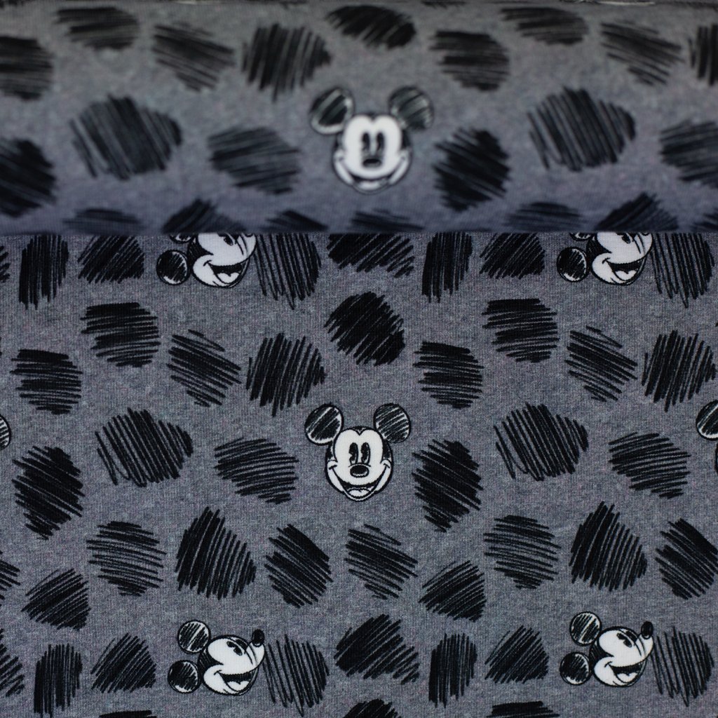 Hochwertiger Baumwolljersey von Swafing mit Disney-Lizenzprint, Mickey Mouse Retro-Design mit grafischen schwarzen Punkten auf Grau meliertem Grund, 95% Baumwolle & 5% Elasthan, ideal für coole Kinder- und Erwachsenenkleidung