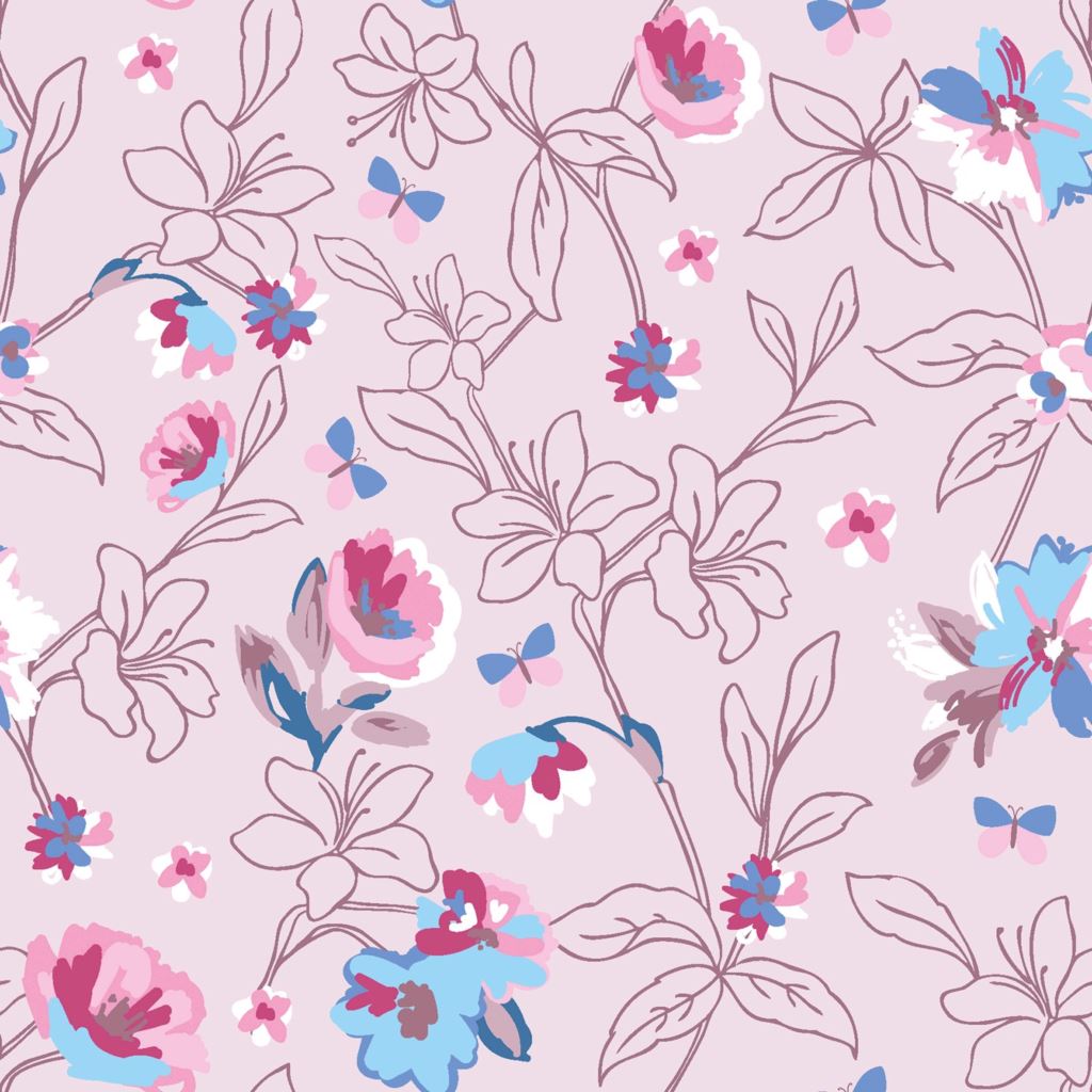 Baumwolljersey - Jersey Stoff - Motivjersey - Blumen und kleine Schmetterlinge auf  Rosé