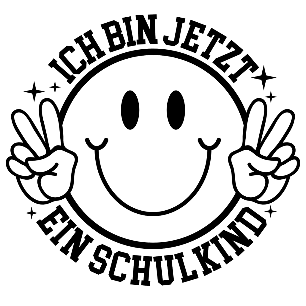 Rundes Bügelbild-Motiv mit einem großen Smiley, der zwei Peace-Zeichen zeigt, und dem Text „Ich bin jetzt ein Schulkind“.
