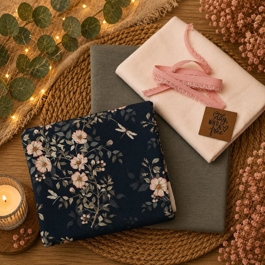 Limitierte Näh-Box mit dem Eigendesign Blümchen Navy auf French Terry, passendem Uni French Terry, Bündchen, elastischer Spitze und Kunstlederlabel.