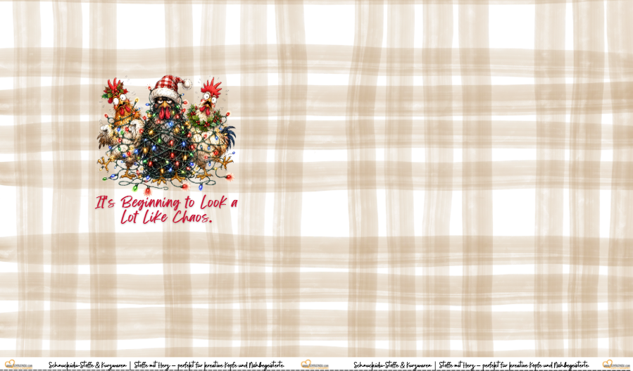 Schnuckidu Eigendesign French Terry Panel Chaos Chicken mit drei verwickelten Hühnern in Lichterkette und Schriftzug It's Beginning to Look a Lot Like Chaos.