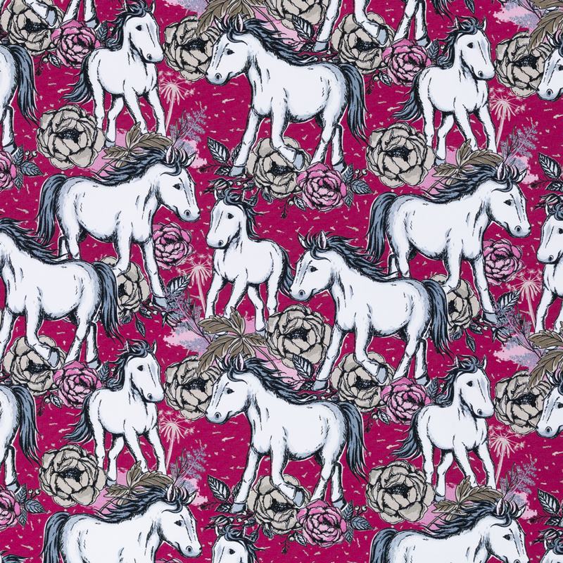 French Terry -  Sommersweat - Swafing - Free Horses by Steinbeck - Pferde und Rosen auf Pink - Reststück 130cm x 155cm