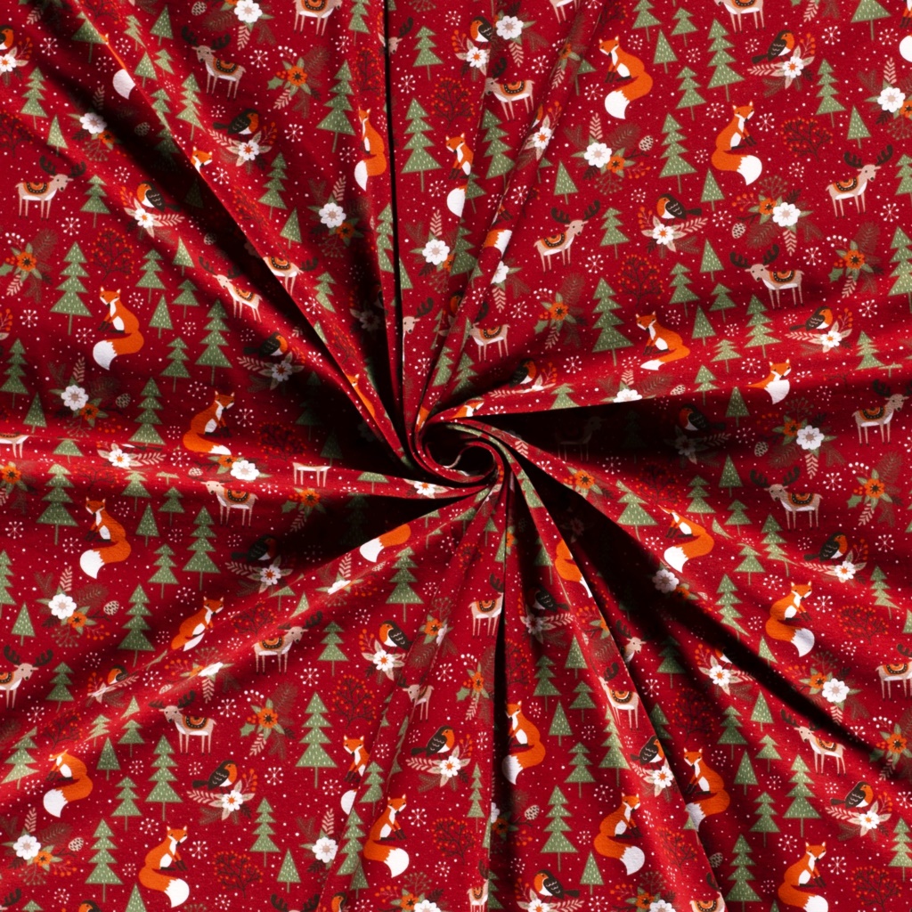 Baumwolljersey - Jersey Stoff - Motivjersey - Weihnachten - Tiere im Weihnachtswald auf Rot