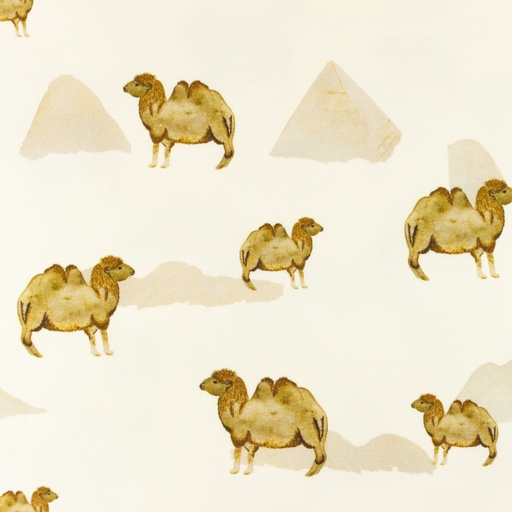 Baumwolljersey - Jersey Stoff - Motivjersey - Digitaldruck - Kamele und Pyramiden auf Ecru