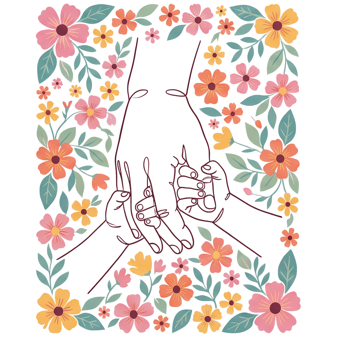 Bügelbild Illustration: Eine große Hand hält zwei kleine Kinderhände, umrahmt von einem dichten Kranz aus bunten Blumen.