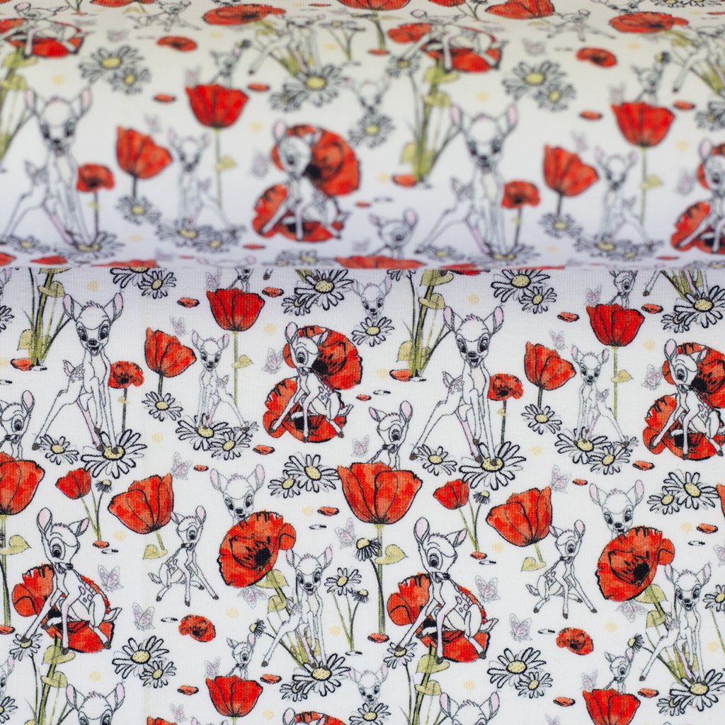 Hochwertiger Baumwolljersey von Swafing mit Disney-Lizenzprint, Motiv Bambi zwischen roten Mohnblumen und Gänseblümchen auf weißem Grund, 95% Baumwolle & 5% Elasthan, ideal für Kinderkleidung