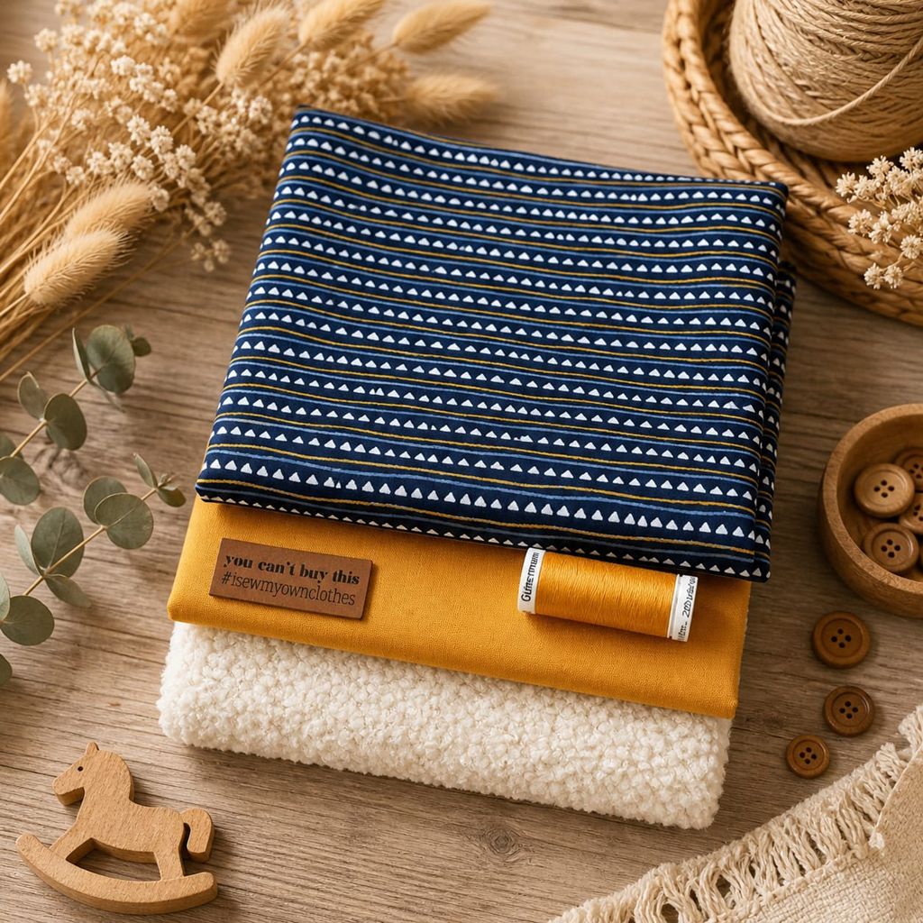 Limitierte Näh-Box mit geometrischer Webware in Blau-Weiß, senfgelber Webware, kuscheligem Chenille in Ecru, Gütermann Garn und einem Label mit Spruch