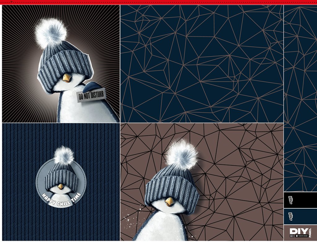 Hochwertiges DIY Kissenpanel aus Samt von Thorsten Berger, Motiv Pinguin mit Strickmütze "Do Not Disturb" und "Happy Chill Time", geometrische Muster in Blau und Braun, Edelsamt 105x140cm