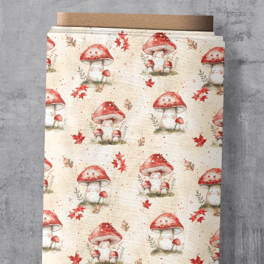 Stoffrest -  Eigendesign - Cute Mushrooms auf Creme - Canvas - 45cm
