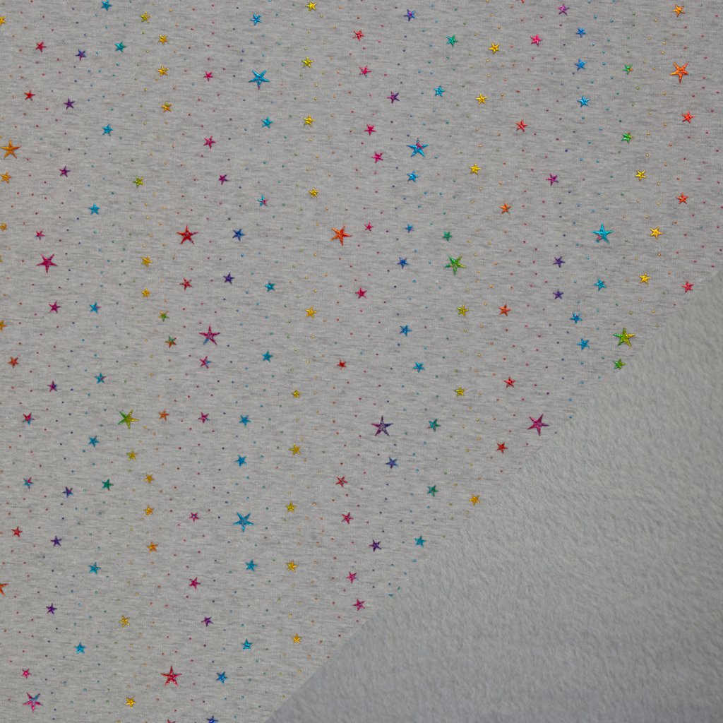 Alpenfleece - Sweat Stoff mit Plüschfell-Abseite - Swafing -  Farsund - Bunte Glitzersterne Grau Alpenfleece - Sweat Stoff mit Plüschfell-Abseite - Swafing -  Farsund - Bunte Glitzersterne Grau