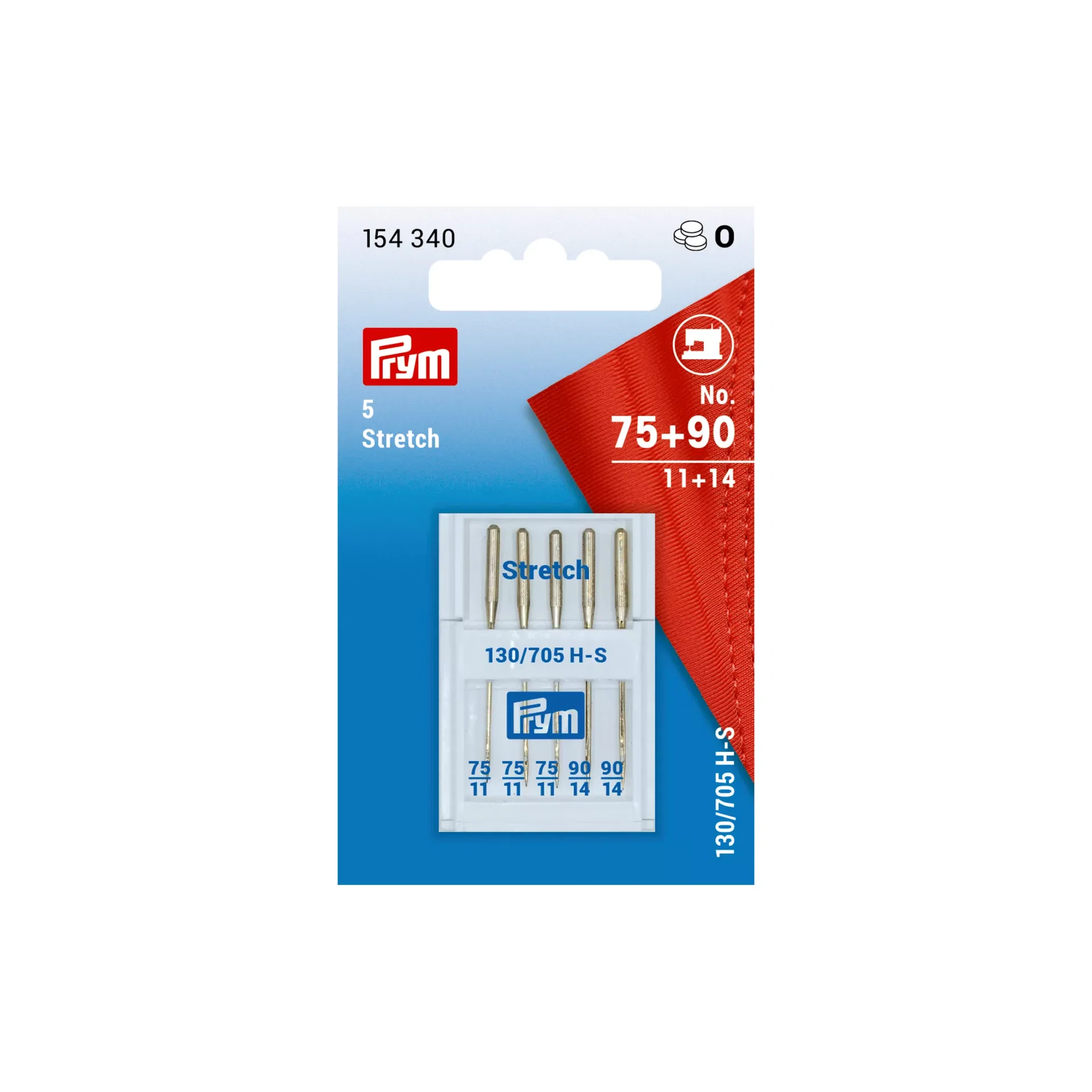 PRYM Nähmaschinennadeln Sortiment Stärke 75 bis 90, System 130/705 H, mit mittlerer Kugelspitze für elastische Materialien und Maschenware, 5 Stück in der Dose.