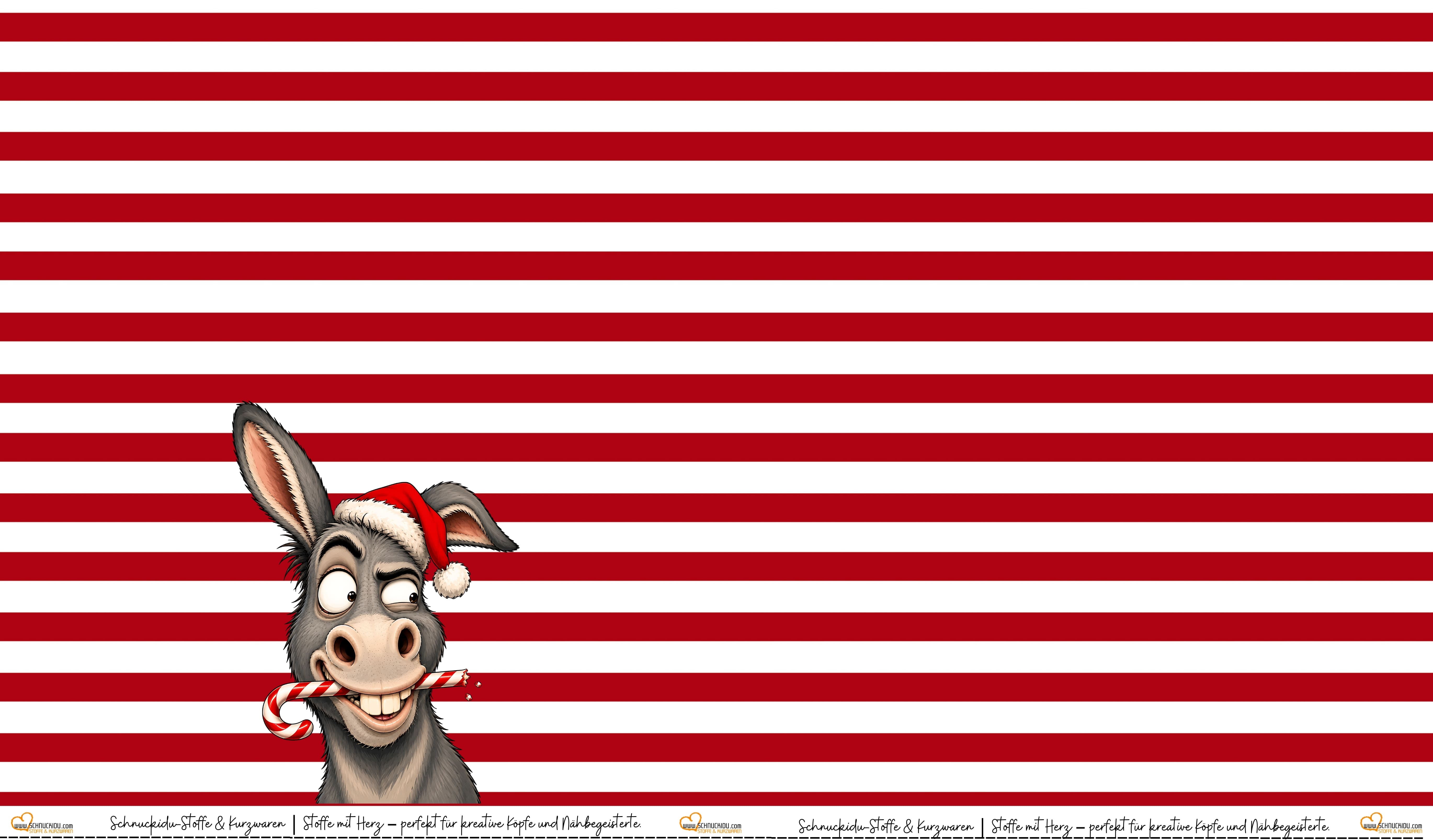 VORORDER French Terry Panel "Esel Zuckerstange" mit frechem Esel und Weihnachtsmütze vor rot-weißem Streifen-Design, exklusive Eigenproduktion von Schnuckidu.