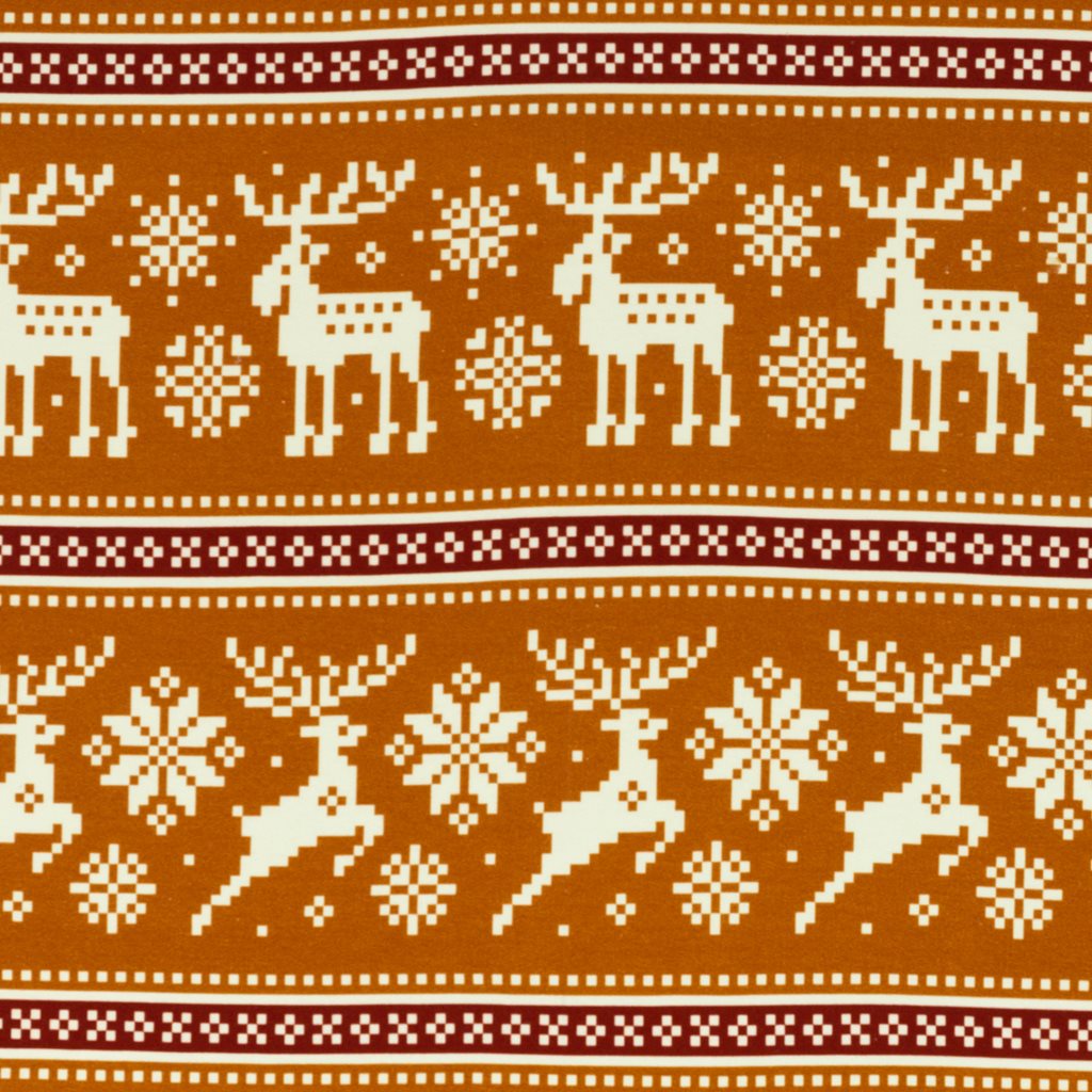 French Terry - Sommersweat Stoff -  Swafing - Arvid - Rentiere und Schneeflocken auf Ocker - Reststück 180cm x 150cm 