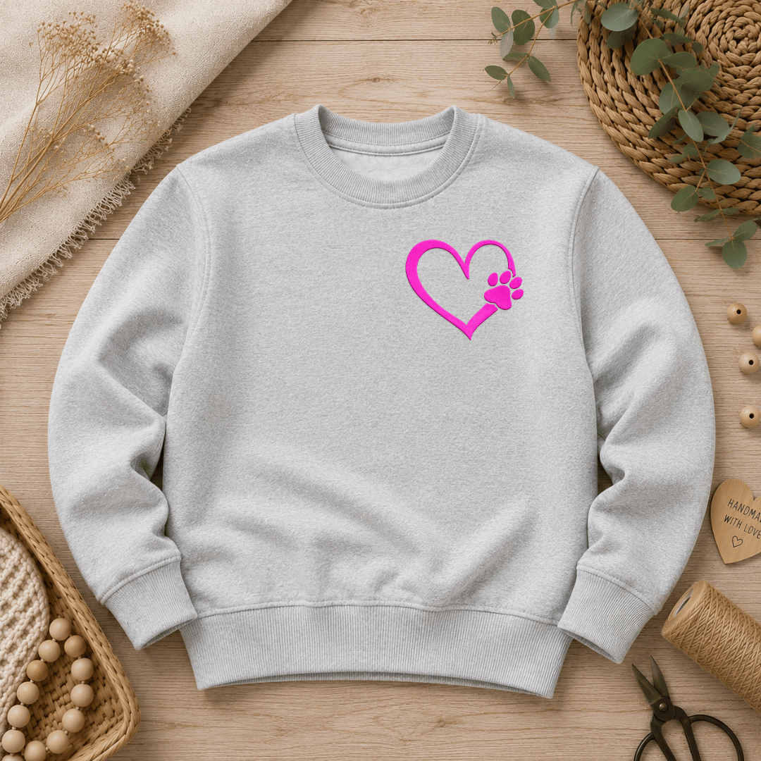 Flauschiges Flock-Patch Pfote mit Herz in Neon-Pink seitlich aufgebügelt auf einem grauen Kinder-Sweatshirt.