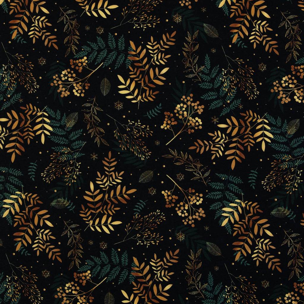 Swafing Sweat Holly angeraut, winterliches Muster mit goldenen und bronzefarbenen Zweigen auf Schwarz, 95% Baumwolle 5% Elasthan, Vorbestellung 2026