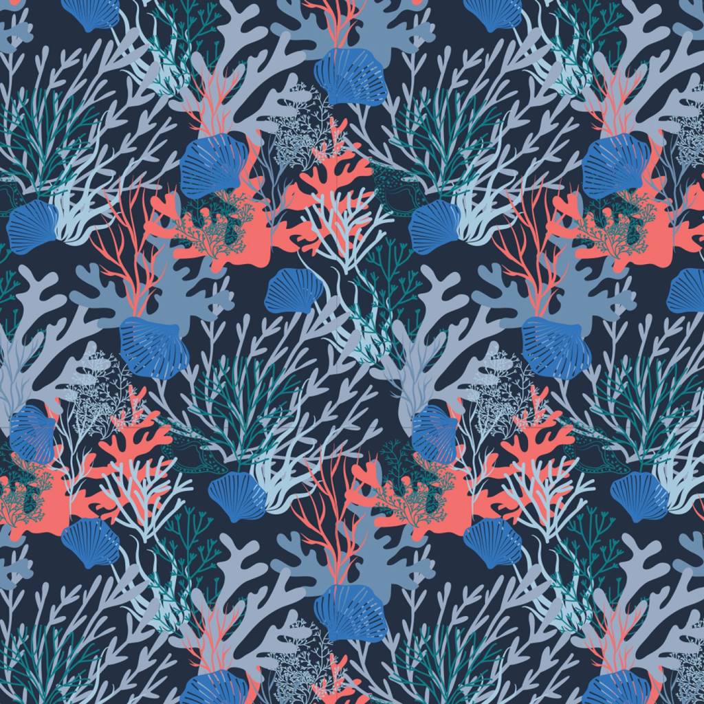French Terry - Sommersweat - Digitaldruck - Korallen in Navy und Petrol
