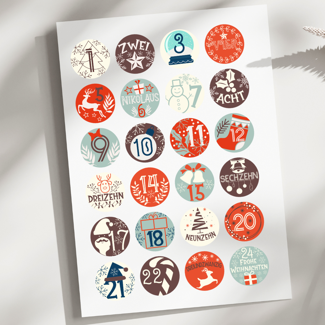 UV Sticker - Rubbelsticker - Handmade - Adventskalenderzahlen Rot/Braun - 12,4cm x 18cm