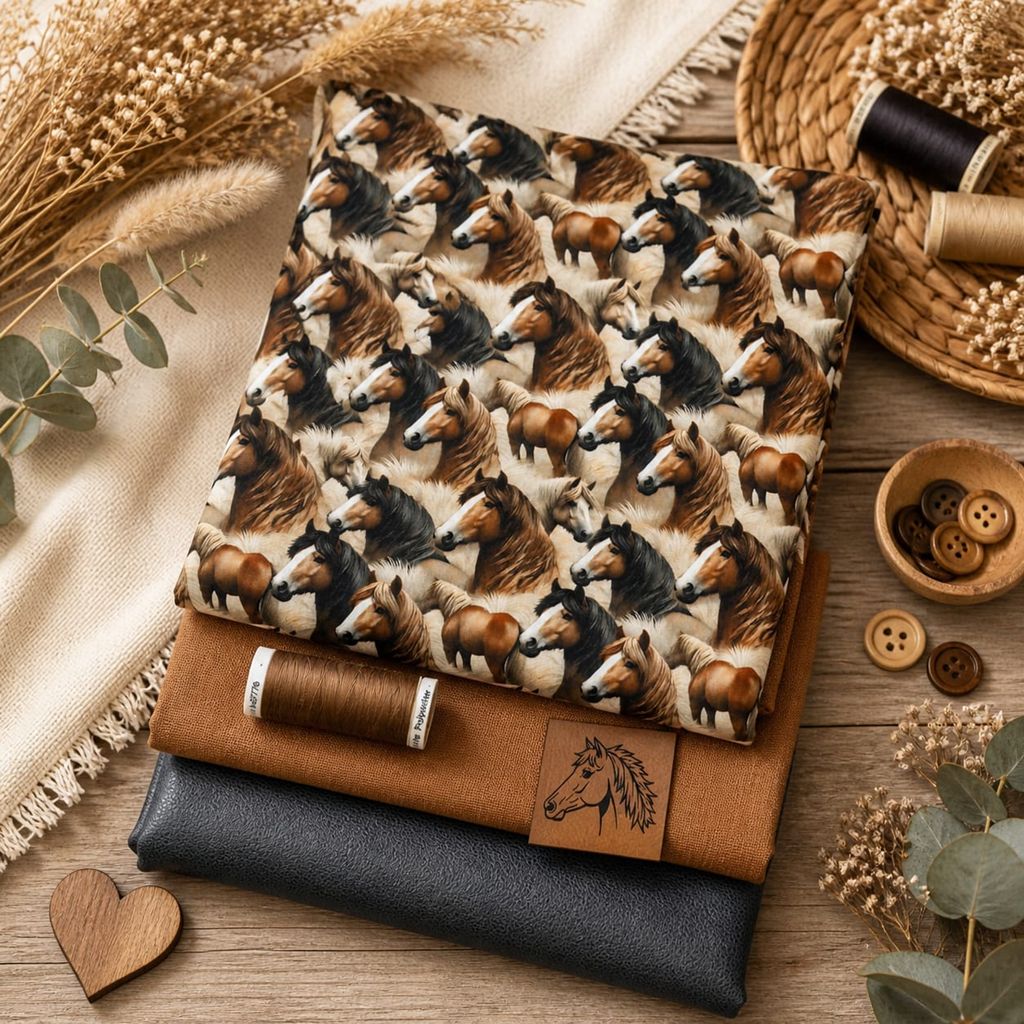 Limitierte Näh-Box mit Pferdestoff, Uni-Webware, Velourslederimitat, Gütermann Garn und einem Marken-Label