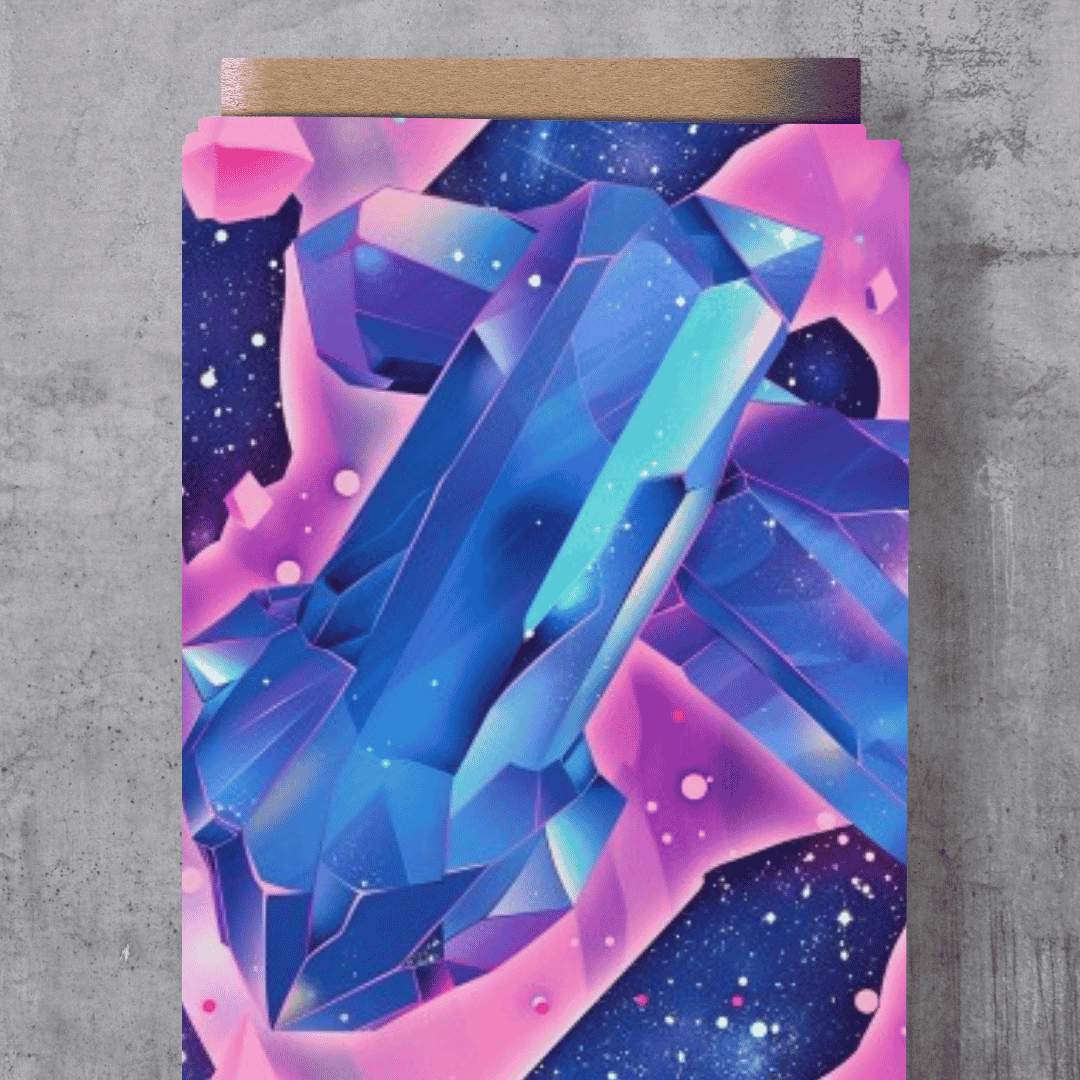 Stoff-Vorbestellung Eigendesign „Kristalle“ von Schnuckidu mit großen, leuchtend blauen Kristallclustern und einer pink-rosa Aura vor einem dunklen Sternenhimmel-Hintergrund.
