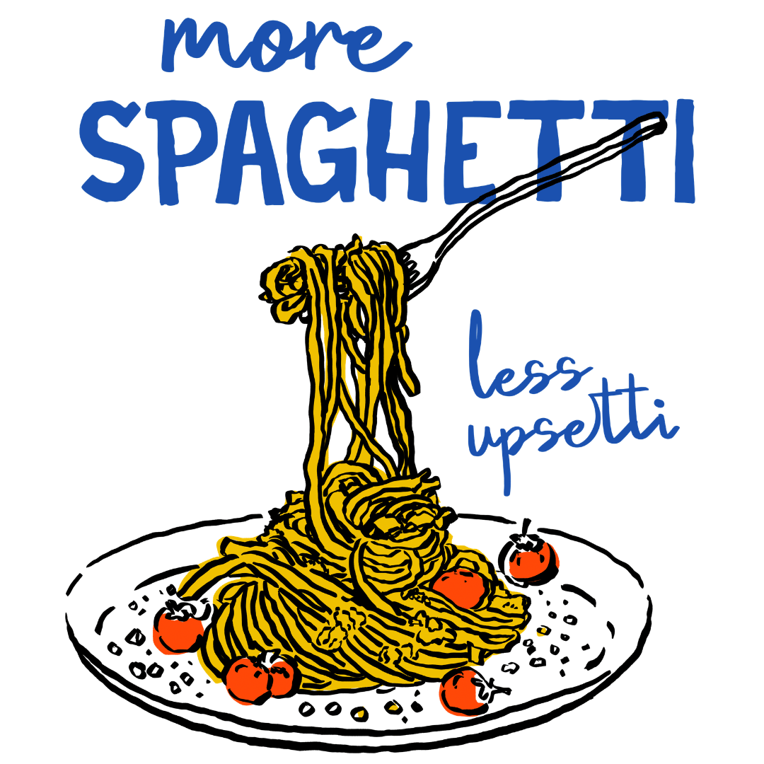 Illustriertes Bügelbild: Ein Teller Spaghetti mit Tomaten und einer Gabel, dazu der Text „more spaghetti less upsetti“ in Blau.
