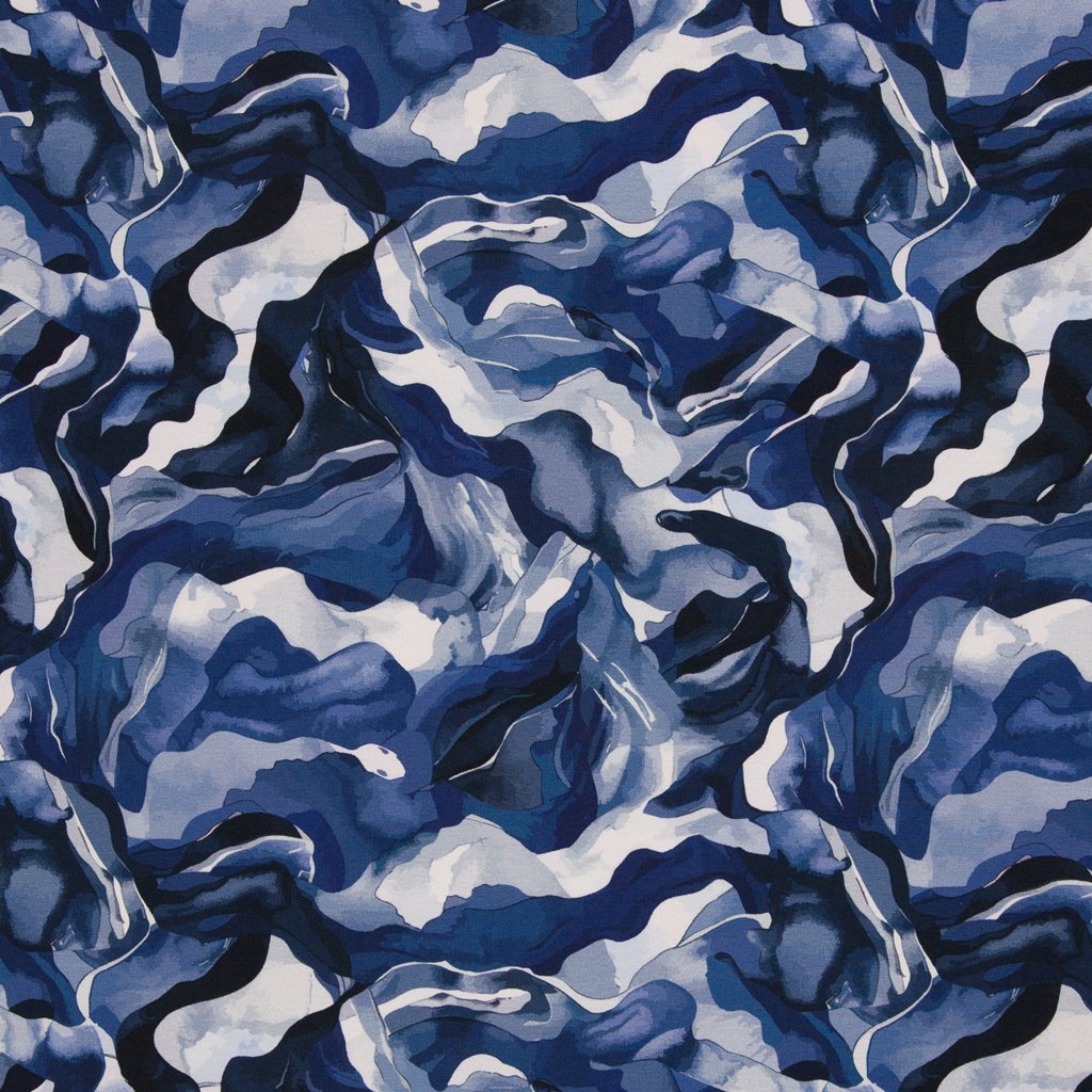 Hochwertiger French Terry "Judith" von Swafing, modernes grafisches Muster mit abstrakten Rauten und Linien in verschiedenen Blautönen und Petrol, 95% Baumwolle & 5% Elasthan, Öko-Tex Standard 100