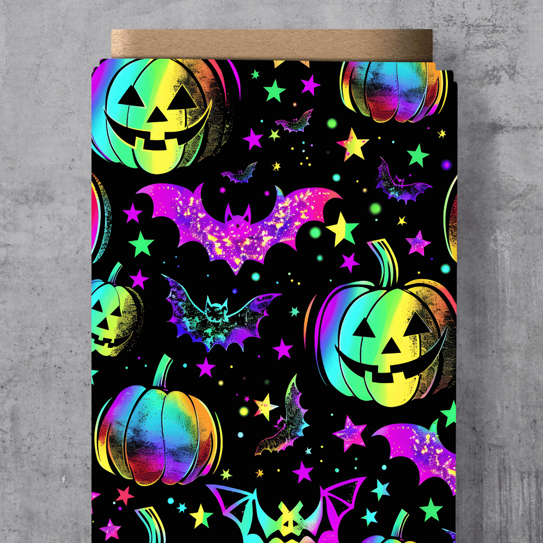 Farbenfroher Kinderstoff mit dem Schnuckidu-Eigendesign „Rainbow Halloween“ – fröhliche Regenbögen im coolen Halloween-Look mit Fledermäusen und Kürbissen.