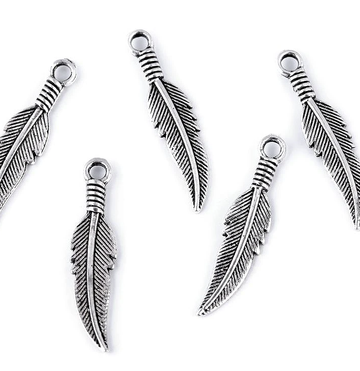 Filigraner Feder-Anhänger in Silber-Optik, 5,4 x 23,4 mm, aus nicht magnetischem Metall, ideal für Boho-Schmuck, zum Verzieren von Kleidung, Taschen und Dekorationen.
