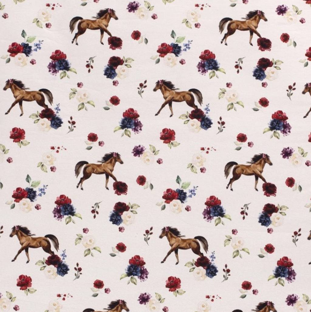 Baumwolljersey - Jersey Stoff - Motivjersey - Digitaldruck - Pferde und Blumen auf Ecru