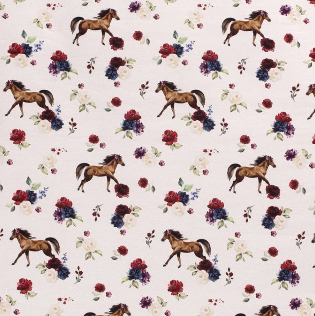 Baumwolljersey - Jersey Stoff - Motivjersey - Digitaldruck - Pferde und Blumen auf Ecru