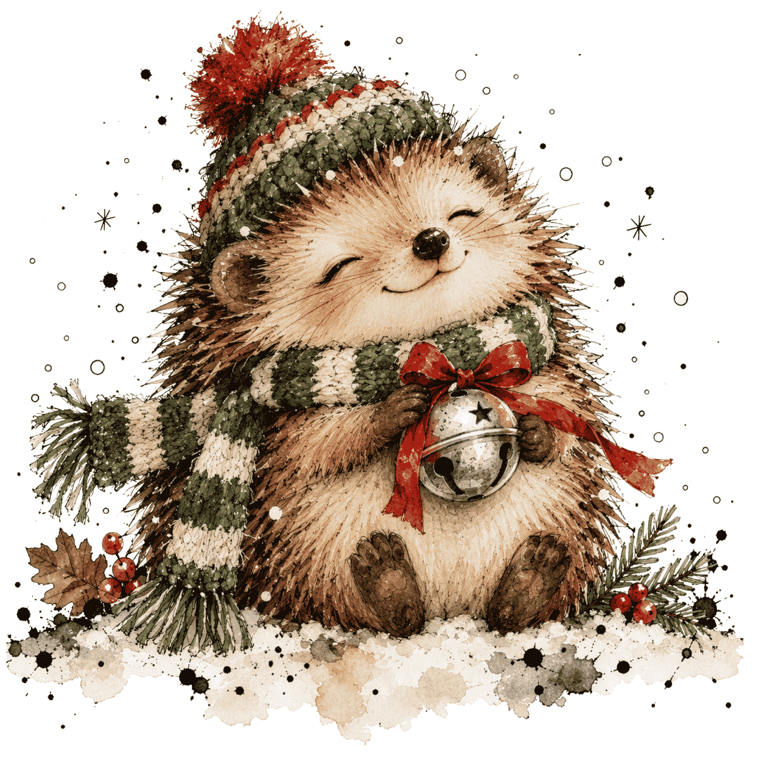 Niedliches winterliches Bügelbild mit einem fröhlich lächelnden Igel in gestrickter Mütze und Schal, der eine große Weihnachtsglocke mit roter Schleife hält