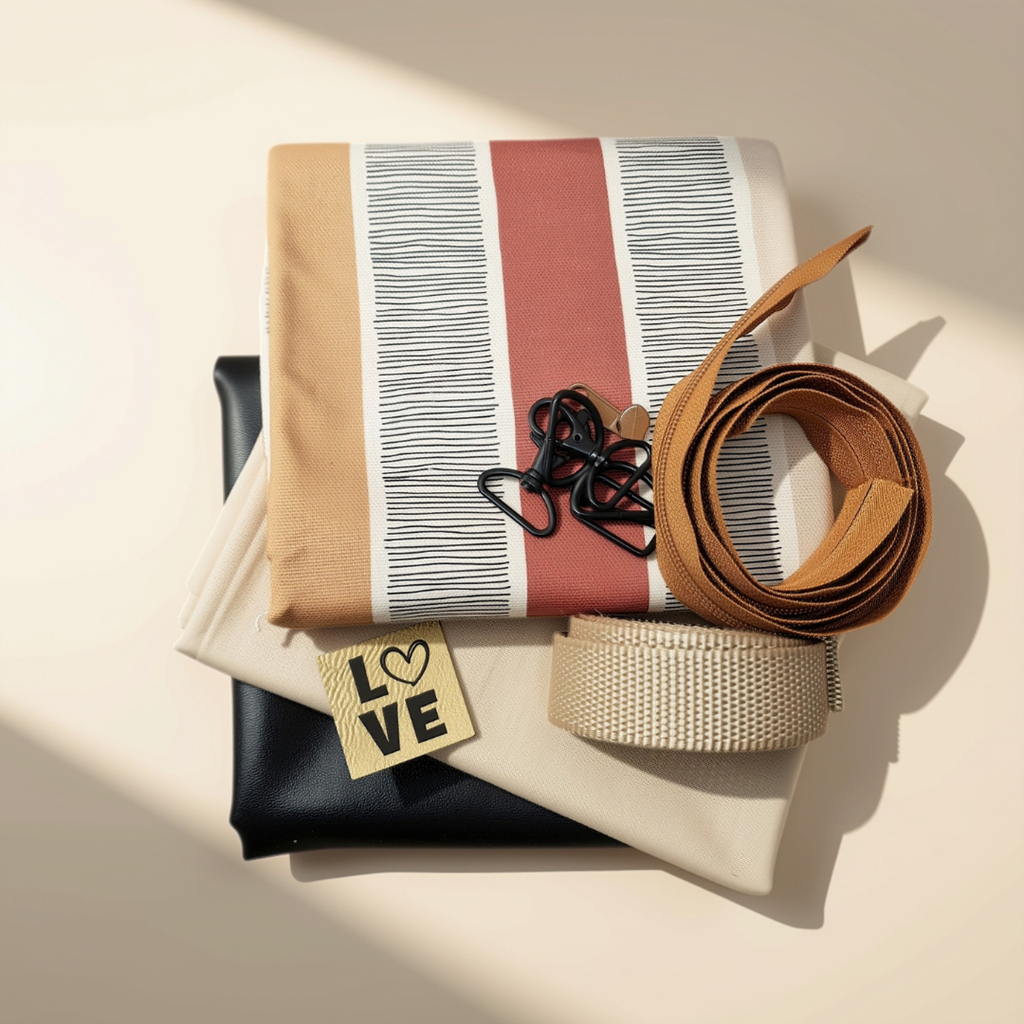 Stoffpaket Taschenpaket Streifen mit grafischem Streifen-Canvas, unifarbener Webware, schwarzem und hellem Kunstleder, Gurtband, Karabiner-Set, Reißverschluss und einem quadratischen LO LOVE Label.