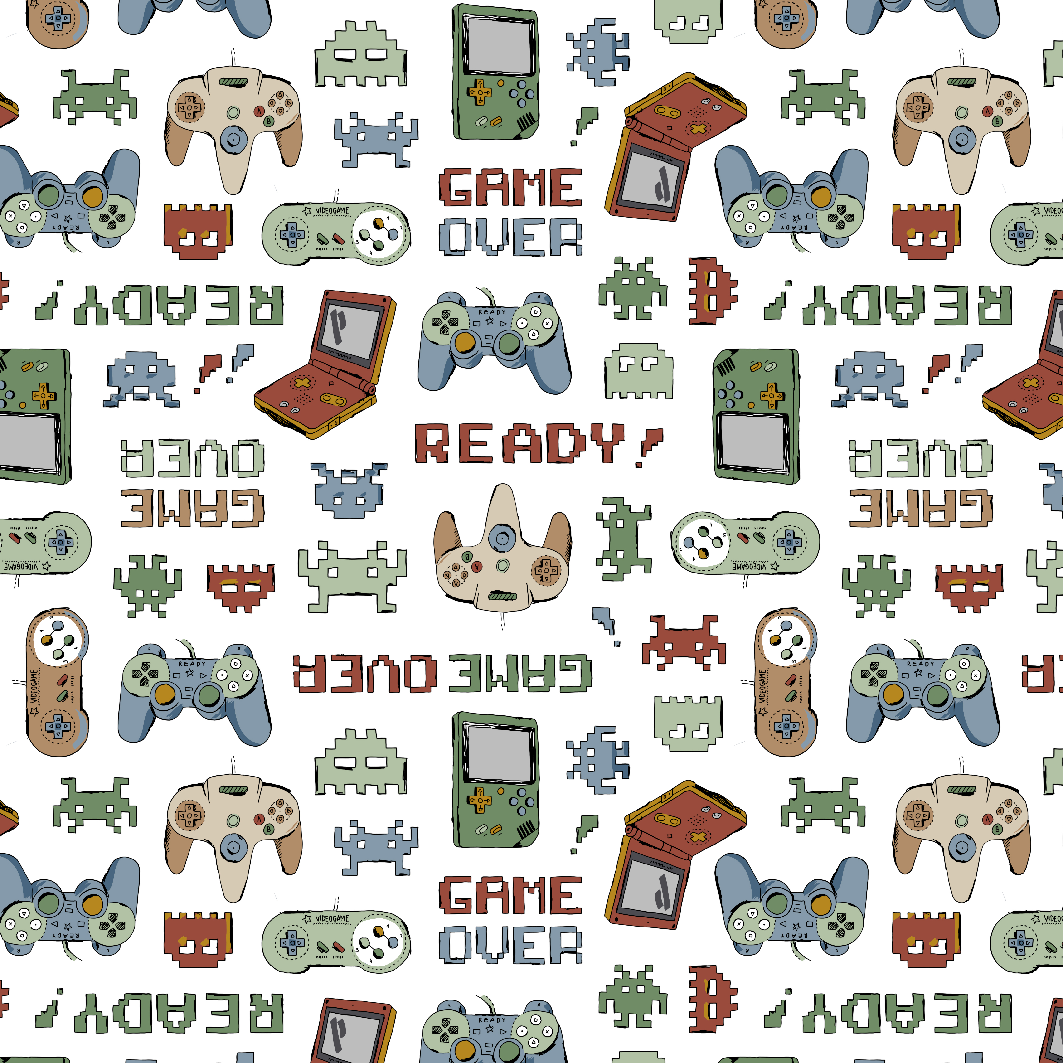 Baumwolljersey - Game Boy & Playstation auf Ecru