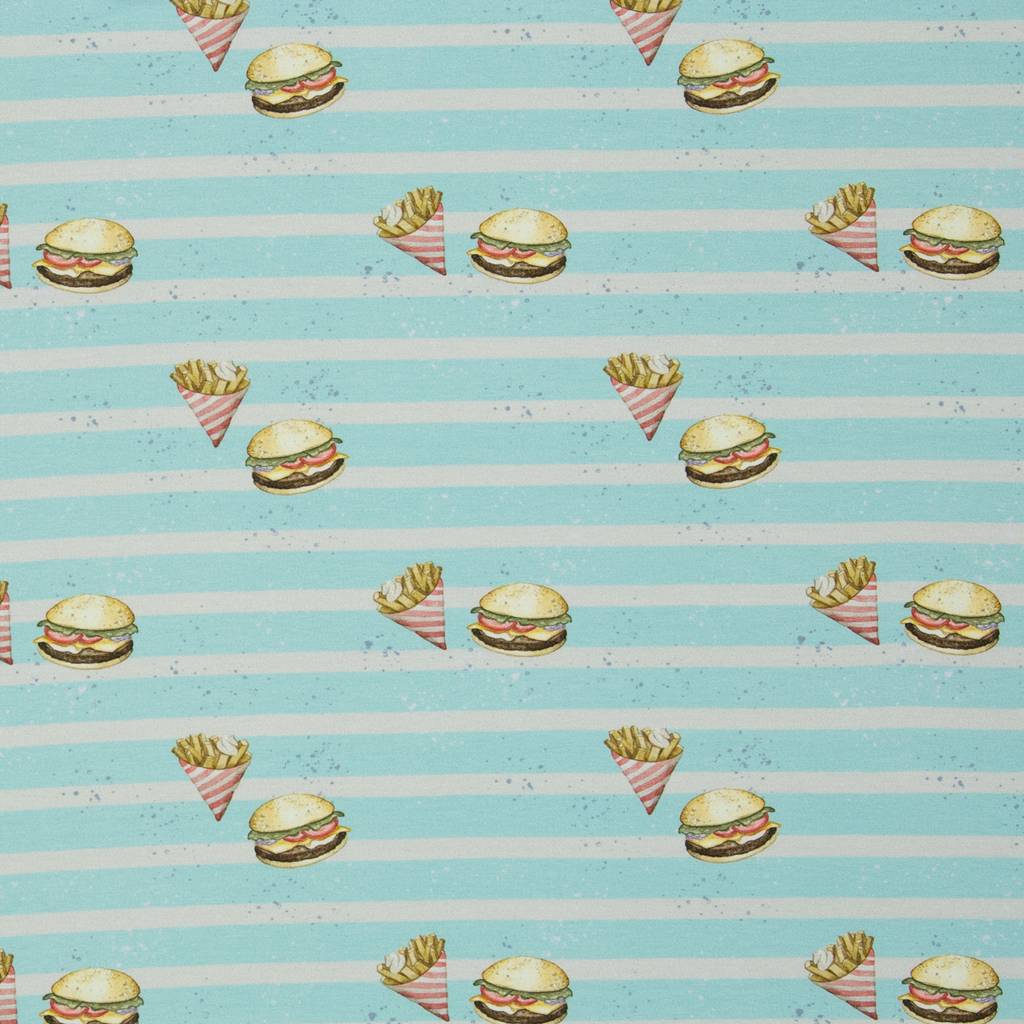 Swafing Baumwolljersey Beach von Christiane Zielinski, Design Pommes & Burger auf mint-weiß gestreiftem Grund, 95% Baumwolle 5% Elasthan, Vorbestellung Mai 2026