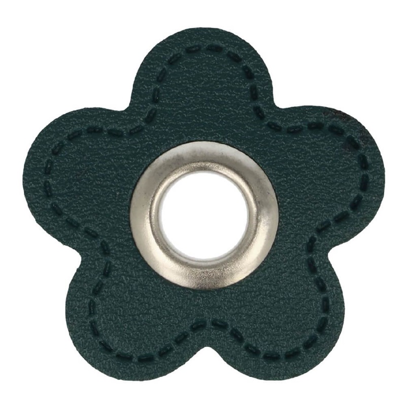 Kunstleder Ösen - Ösen Patches - Dunkelpetrol - Blume - 8mm - Silber 