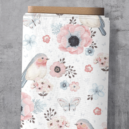 Eigendesign Stoff "Birdy" – Niedliche Vögelchen zwischen rosa Blüten und grünen Zweigen auf weißem Grund, exklusive Vororder bei Schnuckidu.
