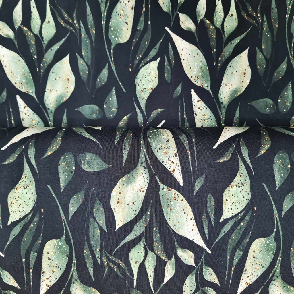 Eigenproduktion -  Baumwolljersey - Sprinkle Leaves  Green Stoffrest 90cm