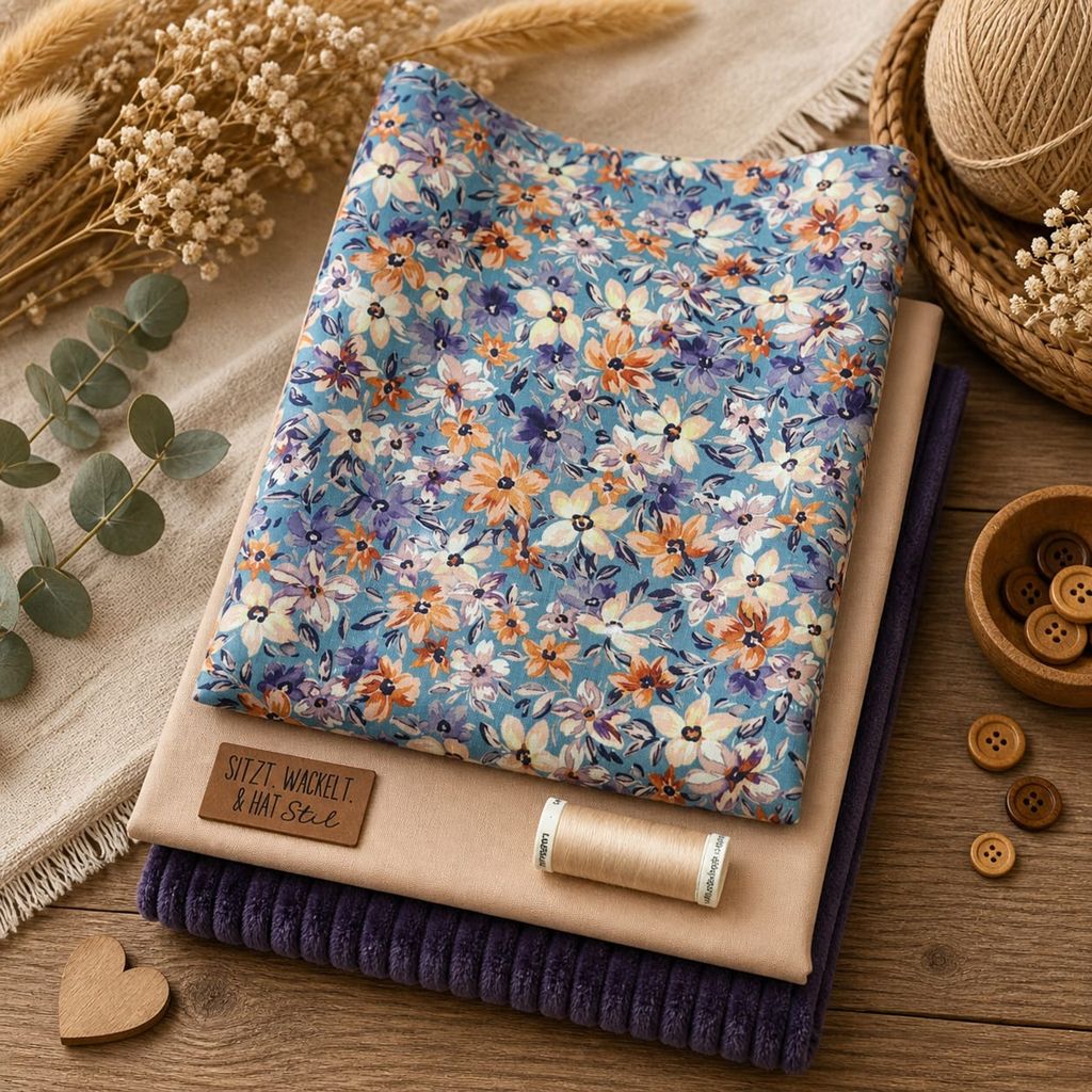 Limitierte Näh-Box "Lila Blumen" mit floraler Webware, unifarbenem Stoff, lila Cord Wanja, Gütermann Garn und einem Label mit dem Spruch "SITZT. WACKELT. & HAT STIL."
